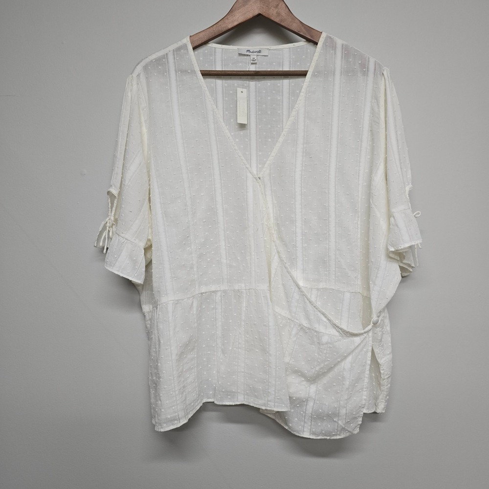 Madewell Wrap Top‎ Womens 24 White Swiss Dot Lace Sleeve Tie Boho Cottagecore